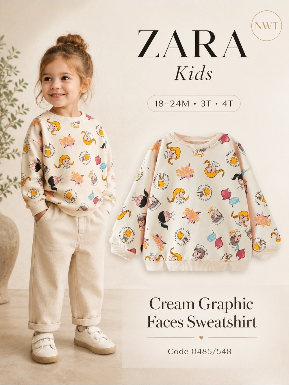 Zara Kids Cream Graphic Faces Sweatshirt NWT 18-24M/3T/4T